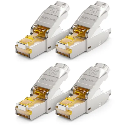 Produktbild von deleyCON 4x CAT 7 Netzwerkstecker Stecker RJ45 Werkzeuglos Geschirmt 10 Gbit/s 600 MHz Netzwerk Stecker für Starre Verlegekabel Rohkabel Steckverbinder RJ45 Ethernet LAN DSL Patchkabel