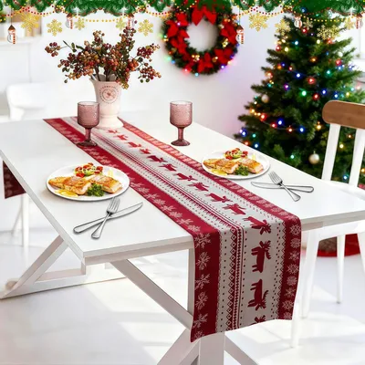 Obrázek produktu pro Běžec na stůl, Vánoce, 35x180 cm, bavlna, len, červená barva, vánoční motiv