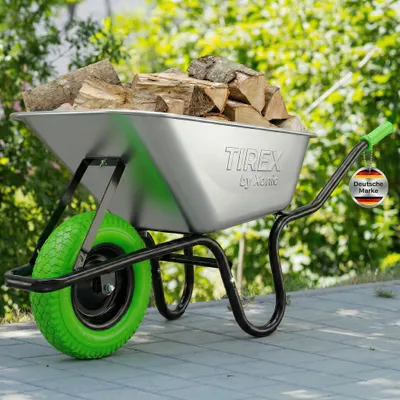 Produktbild von TIREX by xonic® Schubkarre mit Stahlfelge – Verzinkte Wanne bis 250kg/ 100l  PolyurethanPU Grün Silber