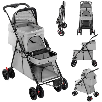Produktbild von Hundewagen Hundebuggy 2 Etagen klappbar für Hunde & Katzen mit 4 Rädern Oxford mit Netzfenstern