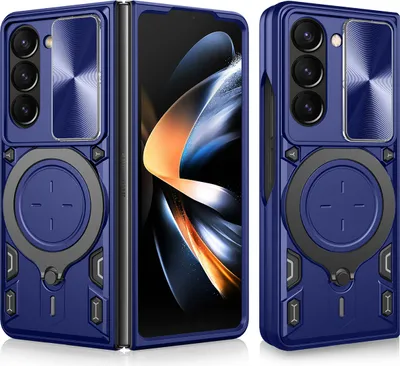 Produktbild von Handyhülle für Samsung Galaxy Z Fold 5 Dual-Layer Stoßfest Rüstung Hülle mit Dia Kameraschutz und Kreisförmig Ring Ständer Blau