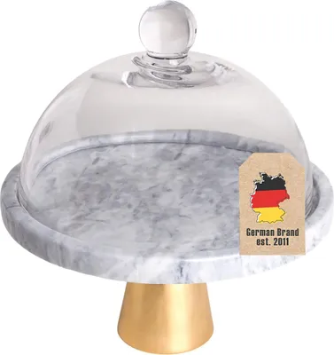 Immagine prodotto di Intirilife Piatto da torta con campana in vetro Alzata per torte con base dorata effetto marmo - 24,8 x 16,8 cm - Piatto da torta Piatto da portata rotondo per dolci