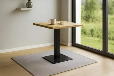 Produktbild von Bistrotisch Iris, Wildeiche/Eichenholz massiv, echte Baumkante, Säulen-Gestell aus Eisen schwarz, Säulentisch/Esstisch für Küche, Café & Essbereich, 70x70 cm