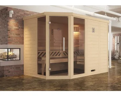 Obrázek produktu pro sauna z masivního dřeva Weka Kemi rohová GTF vel.2 vč. 7,5kWkamen a digitálního ovládání s okny a grafitově šedými celoskleněnými dveřmi