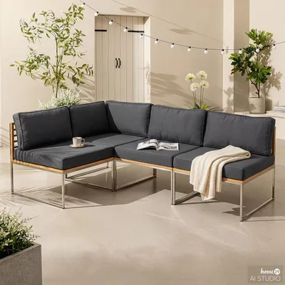 Produktbild von home24 Eckbank - 4-teilig - Webstoff / Teak Massiv - Grau / Braun