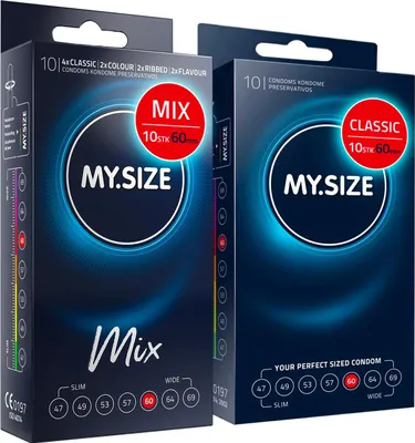 Produktbild von MY.SIZE Mix SET Größe 5, 60 mm: 10 Classic Kondome + 10 Kondome in 4 aufregenDen Sorten, mit Aroma, Farbe, Genoppt & Classic