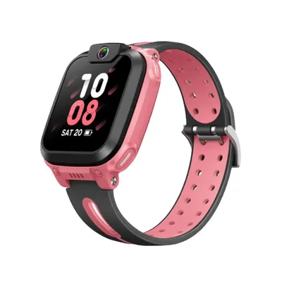 A pink and black smartwatch with a camera on a white background.