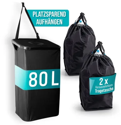 Productafbeelding van EASYmaxx container voor statiegeldflessen, 80 liter, zwart, met haak om aan de deur te hangen, inclusief 2 zakken