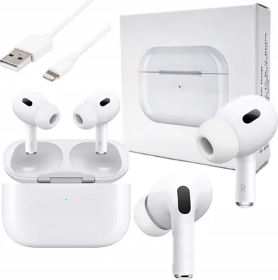 A collage of images showing wireless earbuds, their charging case, charging cables, and packaging.