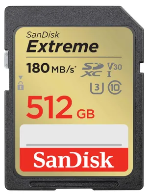 Produktbild von SanDisk Extreme, 512 GB, SDXC, Klasse 10, UHS-I, 180 MB/s, 130 MB/s
