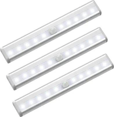 Produktbild von Aoresac Unterschrankleuchten, 3er-Pack, kabelloser Bewegungssensor, aufsteckbare 10-LED-Lichtleisten fuer Speisekammer/Schrank/Kueche/Badezimmer, batteriebetriebene magnetische Schrankbeleuchtung mit automatischer Ein-/Aus-Funktion