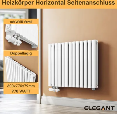 A white horizontal radiator is shown mounted on a light brown wall, with inset images detailing its features and specifications.