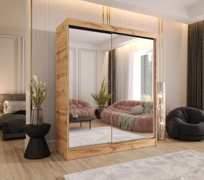 Produktbild von Schwebetürenschrank 2-türig 120x205x58 cm Eiche Wotan mit 2 Spiegeln – Moderner Kleiderschrank für Schlafzimmer und Flur