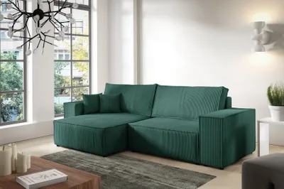 Produktbild von Ecksofa ANTONIO - MINI POSSO 255x148x70 cm; L-Form mit Schlaffunktion und Bettkästen in Dunkelgrün / Cordbezug, Schenkel / Ottomane rechts oder links