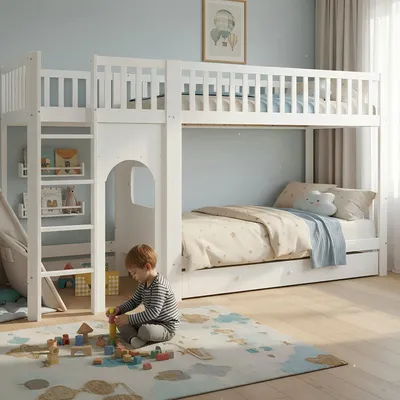 Immagine prodotto di Letto a castello Merax 90x200 cm con scaletta e ringhiera, letto per bambini in legno massello, design ad arco salvaspazio, robusto letto matrimoniale con cassetto, bianco