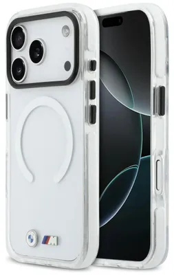 Immagine prodotto di Custodia BMW M IMl Shockproof in metallo con logo    Magsafe per iPhone 17 Pro trasparente