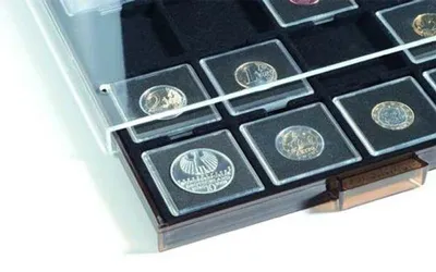 Produktbild von Münzbox für QUADRUM mit 20 eckigen Fächern, 50x50 mm, rauchfarben mit schwarzer Einlage