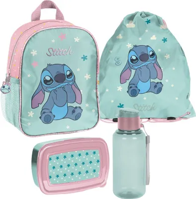 Produktbild von Stitch Rucksack Set für Mädchen 4tlg. mit Turnbeutel, Brotdose und Trinkflasche für den Kindergarten