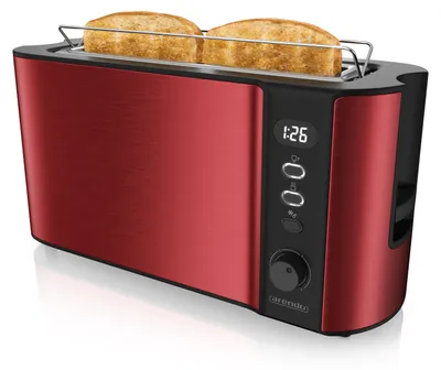 Image de Grille-pain Arendo 2 tranches, fente longue, fente longue, acier inoxydable, 1000W, écran avec indication du temps restant, support à petits pains, fonction dégivrage, boîtier thermo-isolant, rouge