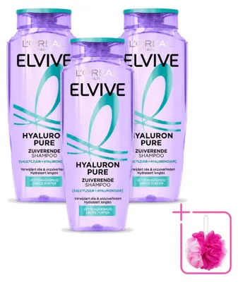 Imagen del producto de 3 champús L'Oréal Paris Elvive Hyaluron Pure, 250 ml cada uno, pack ahorro, 3 unidades