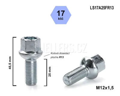 Obrázek produktu pro Kolový šroub M12x1,5x25 kulový R13, Audi, Seat, Škoda, VW, klíč 17, LS17A25FR13, výška 45,5