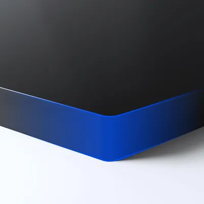 Close up of a black product with a blue accent on a white background.