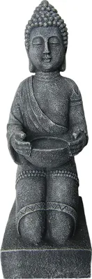 Produktbild von Relaxdays Buddha Figur kniend, 43 cm, Gartenfigur, Vintage Dekofigur Wohnzimmer, wetterfest, frostsicher, grau