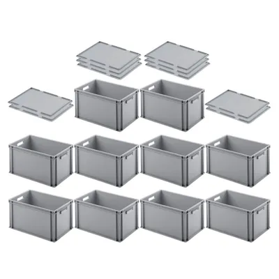 Produktbild von SuperSparSet 10x Eurobehälter mit offenem Griff & Auflagedeckel | HxBxT 32x40x60cm | 56 Liter | Grau | Eurobox, Transportbox, Transportbehälter, Stapelbehälter