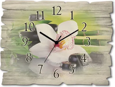 Produktbild von ARTland Holz Wanduhr Quarzuhr - schwarzer Zeiger Spa Steine Bambus Zweige Orchidee Größe: 40x30 cm