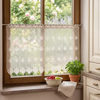 Produktbild von Scheibengardine Meterware Häkelgardine Spitze Herz natur nähfrei 40cm champagner matt