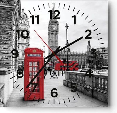 Produktbild von Wanduhr - Quadrat - Glasuhr - Schuppen Telefon London - 30x30cm - Schleichendes Uhrwerk - Lautlos - zum Aufhängen bereit - Dekoration Modern - Wanddekoration aus Glas - C4AC30x30-4326
