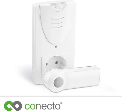 Produktbild von conecto CC50232 Funktürklingel Türklingel Funkklingel - Set inkl. Sender/Funk-Taster u. Empfänger/Klingel für Steckdose mit LED Blinklicht und Zwischenstecker (bis 75m Reichweite, 16 Klingeltöne/Melodien, kabellos, wireless, Funkt