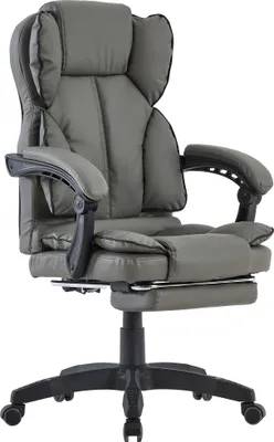 A grey ergonomic office chair with a footrest, shown from a front-side angle.