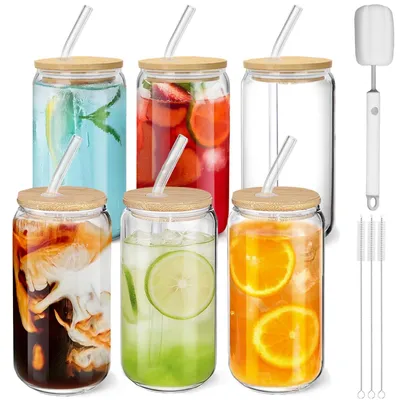 Produktbild von Solidchoice – Set aus 6 Gläsern für Eiskaffee, 16 oz mit Deckeln
