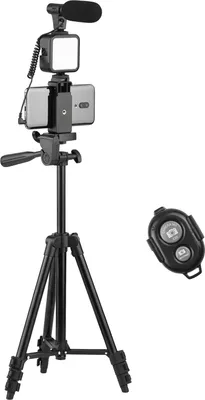 Produktbild von Andoer Phone Vlog Video Kit s výškově nastavitelným držákem telefonu na stativ s mikrofonem se studenou botou LED video světlo dálková spoušť pro tvorbu videí s telefonní kamerou