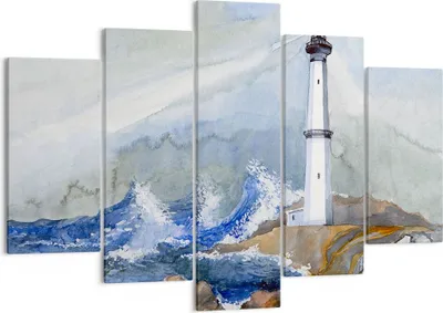 Produktbild von Bild auf Leinwand - Leinwandbild - Leuchtturm Wasser Illustration Welle - 150x100cm - Wand Bild - Wanddeko - Leinwanddruck - Bilder - Kunstdruck - Leinwand bilder - Wandkunst - EA150x100-2997