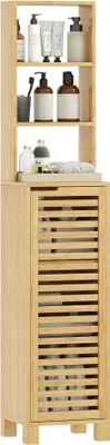Image de Armoire de salle de bain en bambou - armoire haute et étroite - 34×30×170 cm - 3 étagères ouvertes - porte à lamelles - étagères réglables - bois naturel