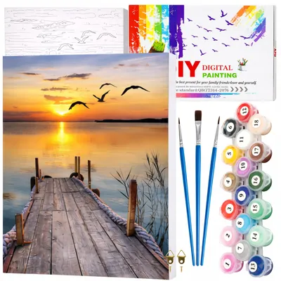 Image de EDIBAZZAR | Peinture par numéros avec cadre, toile de 40 x 50 cm « Coucher de soleil sur le lac »