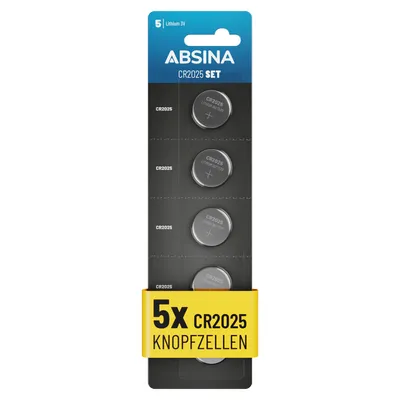 Produktbild von ABSINA Knopfzellen CR2025 5er Pack - CR 2025 Knopfzelle auslaufsicher & langer Haltbarkeit - CR2025 Batterien Knopfzellen