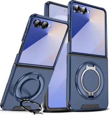 Immagine prodotto di Custodia a doppio strato per Samsung Galaxy Z Flip7, con copertura scorrevole della fotocamera e supporto magnetico ad anello Blu