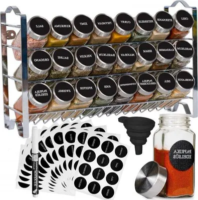 Produktbild von 3-Ebenen-Metall-Gewürzregal mit 24 Gläsern und Etiketten