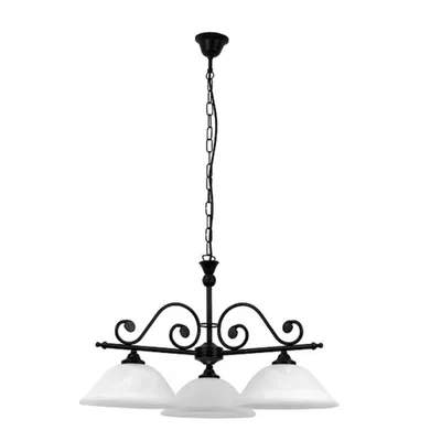 A black chandelier with three white glass shades, suspended by a chain against a white background.