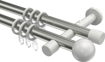 Produktbild von Interdeco Gardinenstange / Vorhangstange Edelstahl-Optik / Weiß, Typ Prestige Luino (Kugel), 20 mm Ø 2-läufig, 280 cm