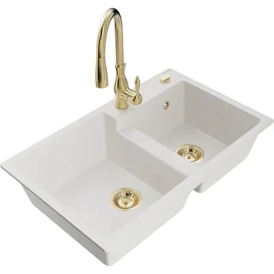 Obrázek produktu pro Mexen Tomas 2-miskový granitový dřez s kuchyňskou baterií Savita, Bílá - 6516-20-672601-50