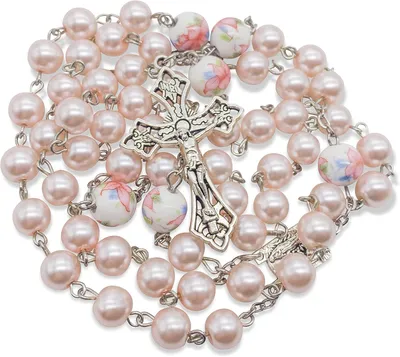 Imagen del producto de Rosario con flores blancas y perlas azules, de 53 cm, para ocasiones religiosas