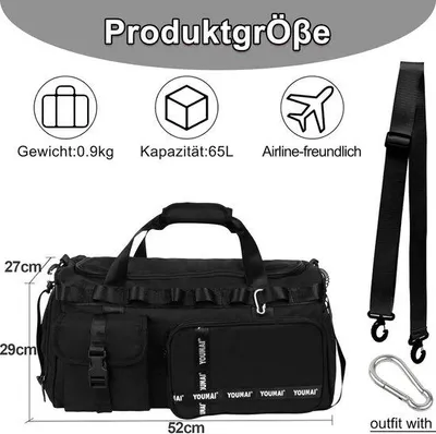 Produktbild von Große Sporttasche mit Schuhfach und Nass-Trockenfach - 65L multifunktionale Reisetasche für Sport und Wochenendausflüge