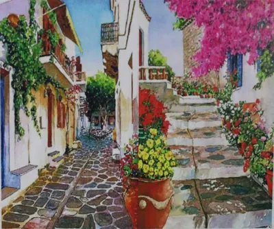 Produktbild von Malen nach Zahlen: Kopfsteinpflasterstraße mit Blumen, 40x50 cm