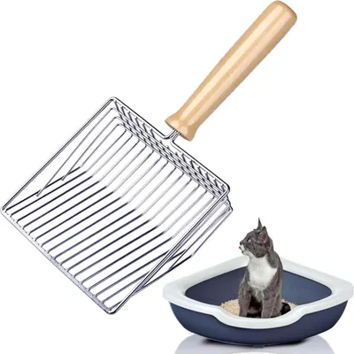 Obrázok produktu pre Lopatka na mačacie stelivo kovová drevená rukoväť rozstup otvorov 7 mm 28 cm