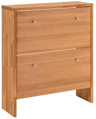 Schuhschrank Schuhkipper KIRSA mit zwei Klappen aus Wildeiche massiv, Gesamtansicht von vorne mit metallenen Griffen.
