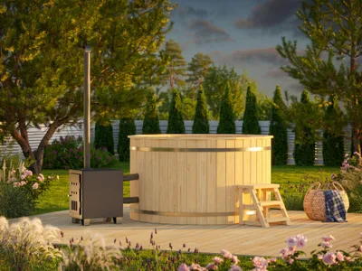 Produktbild von Fjordholz Holzbadezuber Rund mit Außenofen